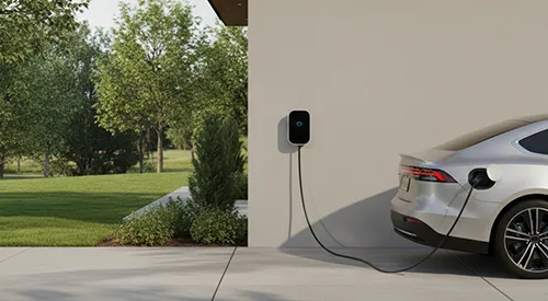 EV charger mounted on an exterior wall of a Mandurah house with cable connected to a car