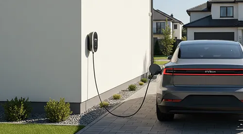 Wall-mounted EV charger beside a driveway at a Mandurah residence