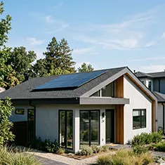 Off-grid solar panels installed on the roof of a simple house near Marangaroo