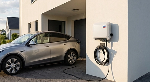 Wall-mounted EV charger beside a driveway at a Joondanna residence