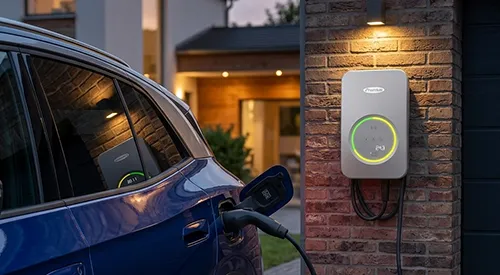 EV charger mounted on an exterior wall of a Mirrabooka house with cable connected to a car
